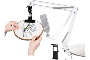 CHELOMENT Adjustable Embroidery Hoops Stand for Hand Work,Cross Stitch Frame with 360° Rotation,Needlework Frame, Embroidery Stand Suitable for Embroidery Kit,3-in-1 Hoop/Tablet/Phone Holder Desk Stand,White