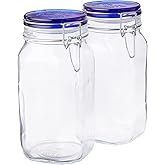 Bormioli Rocco Fido Collection, 2 Pack, 50.75 Oz. Food Storage Glass Jars, Airtight Rubber Seal & Glass Lid, With Stainless Wire Clamp, Made In Italy.