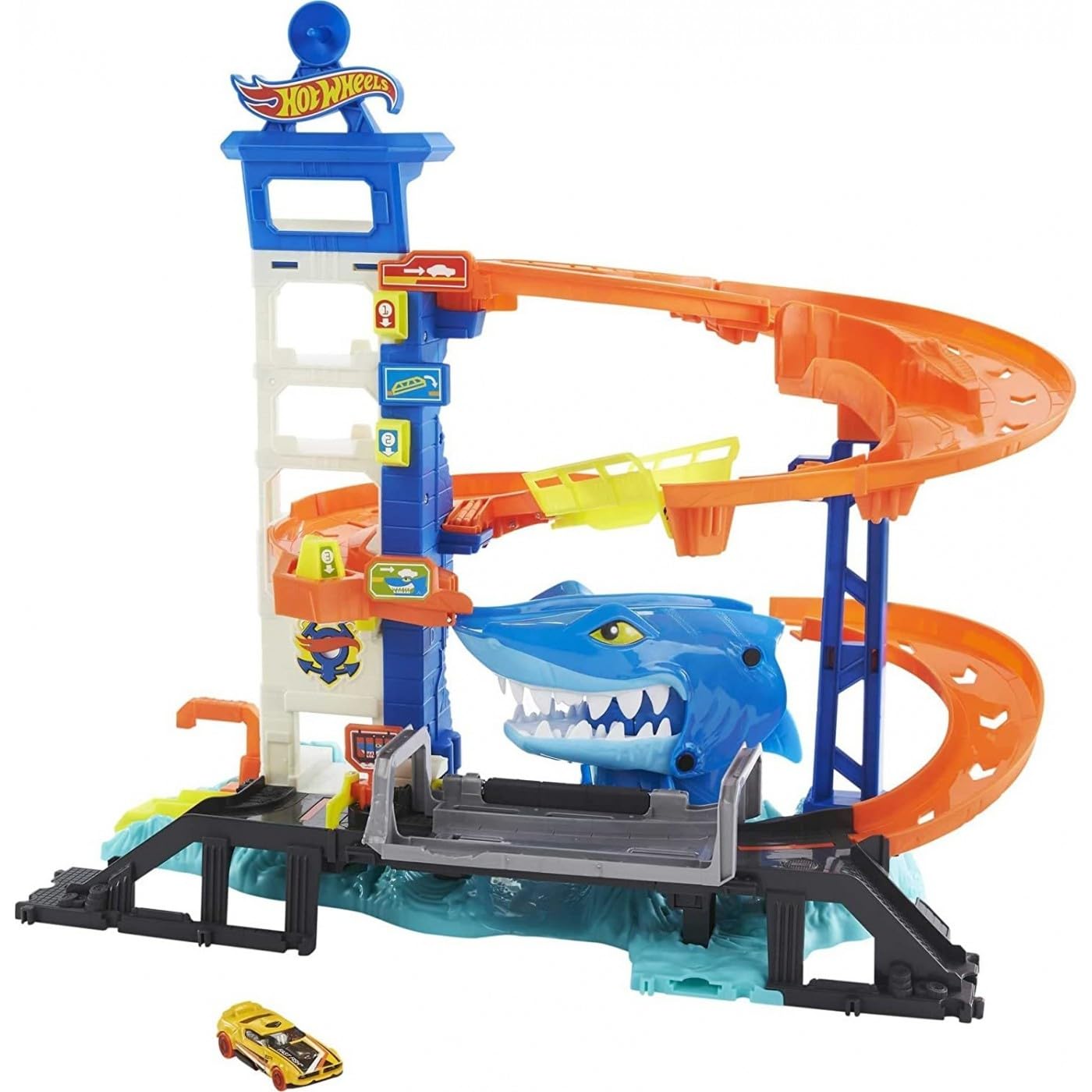 Hot Wheels Track Set and 1:64 Scale Toy Car, Multi-Level Playset with Shark Nemesis Challenge, City Shark Escape Playset, HDP06