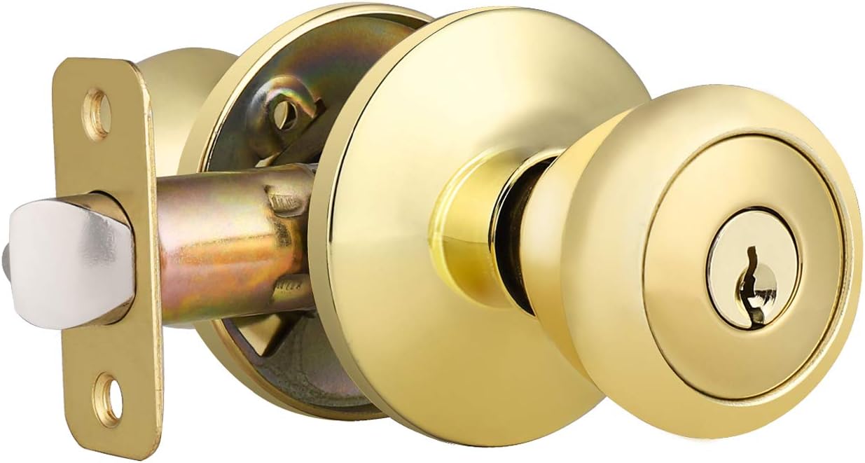 home improvement direct Keyed Alike Entry Door Knob, Reversible Tulip Style Knobs with Lock and Same Key, Polished Brass Interior/Exterior Lockset for Bedroom, Bathroom, Front Door 1 Pack