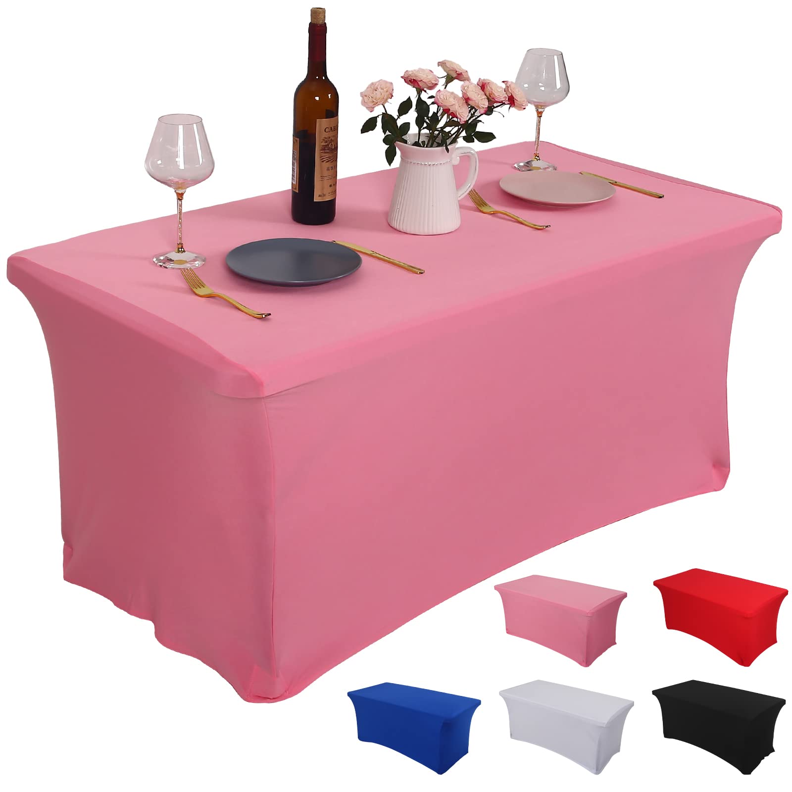Rainberg Spandex Table Cover, Black Tablecloth 6FT, Washable and Wrinkle Resistant Stretch Rectangular Patio Table Cover for Event, Wedding, Banquet & Parties. (183Lx76Wx76H) cm (Pink, 6FT)
