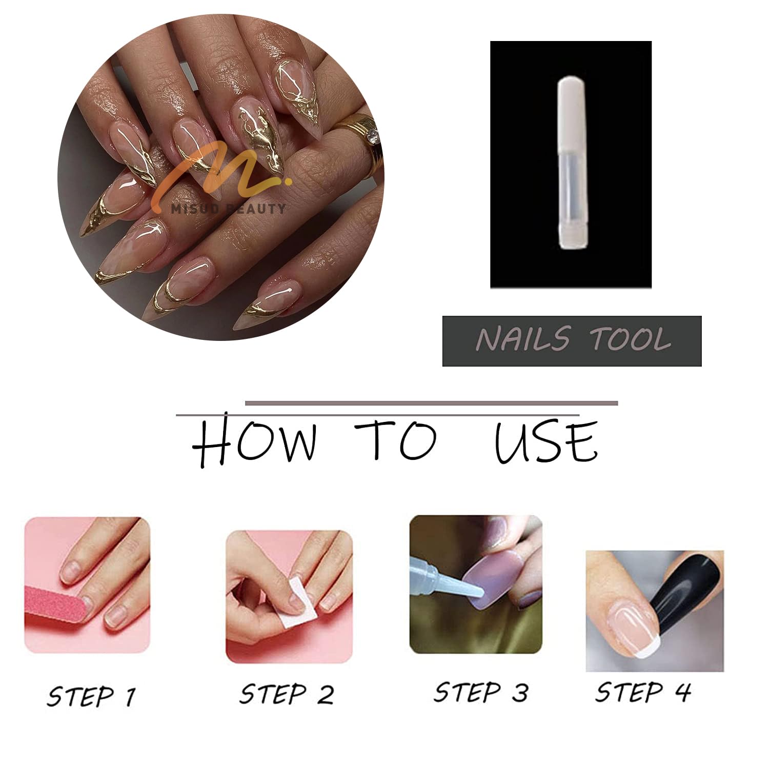 MISUD Press on Nails Medium Almond Fake Nails Glossy Glue on Nails 3D Gold Chrome Acrylic Nails Stiletto Artificial Nails Bling Stick on False Nails with Design 24 pcs - Image 6