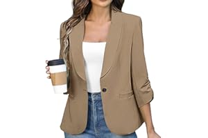 CARYDETY Women's Ruched 3/4 Sleeve Suit Jackets Dressy Casual Blazer Slim Fit Jacket Padded Shoulder Pockets Fully Lined Suit