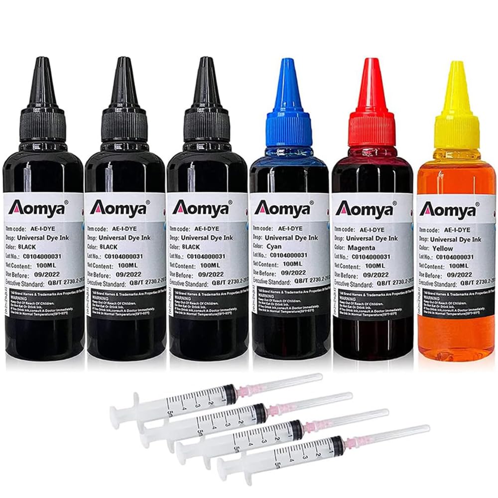 Aomya 600ml Universal Dye Ink Refill Kit for HP Canon Epsn Brother Lexmark Printers Compatible Cartridges Refillable Cartridge CISS CIS System 4 Color Set with 4 Free Syringes (3BK, C, M, Y)