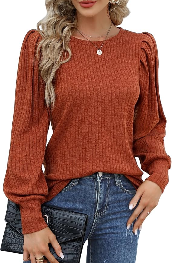 HOTOUCH Damen-Langarm-Tops, Rundhalsausschnitt, leichte Pullover, elegante Puffärmel, Hemden, Frühling, Größe 36-44, Caramell, M