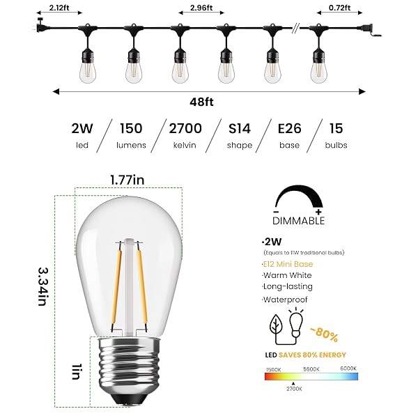 SVATER 96 FT OUTDOOR STRING LIGHTS 2W, PATIO LIGHT FOR OUTSIDE WITH 32 ANTIQUE S14 PLASTIC LED BULBS, IP65 WATERPROOF HANGING CAFE MARKET LIGHTING, ETL-LISTED DIMMABLE WARM WHITE 2700K (48 FT X 2)