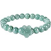 HL1971 Real Jade bracelet for Women, Natural Jadeite Handmade Carved Peach Blossom Stretch Beaded Beads Jade Bangle Jewelry, Stress Relief Feng Shui Prosperity Blue-Green Jades bracelets,for Valentine's,Mother,Christmas