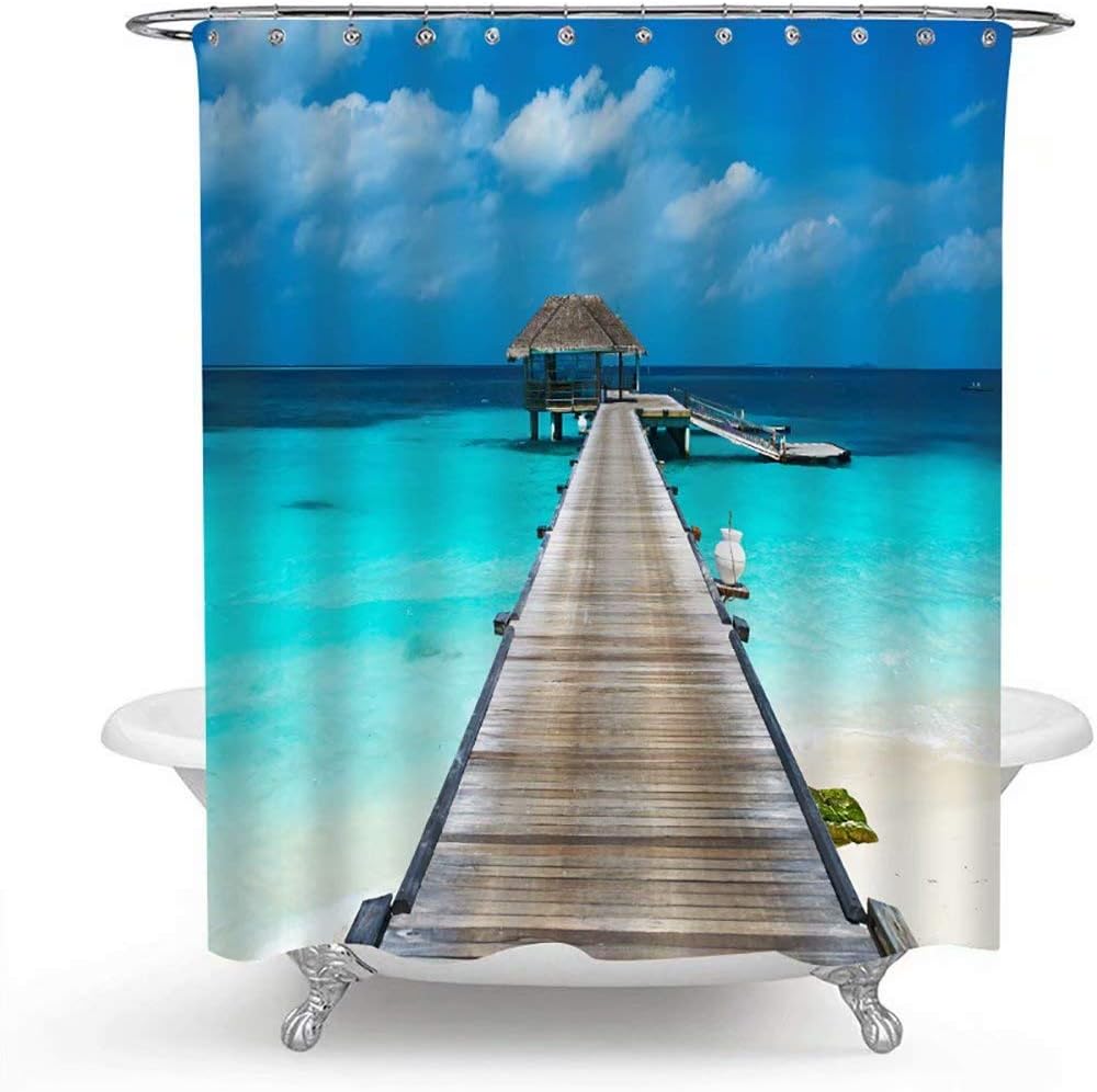 Ocean Beach Shower Curtain 72 Inch, Blue Sky Long Bridge