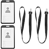 YOKIVE 2 Pcs Badge Holder, Vertical Aluminum with Metal Hook Detachable Neck Lanyard | Protecting Cards, Great for ID Cards (Black, 3.7 x 2.3-inch)