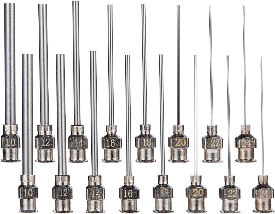 BENECREAT 16PCS 1.5 Inch Stainless Steel Dispensing Needle Tip Blunt Syringe Needle with Luer Lock for Refilling Glue Syringes 10/12/14/16/18/20/22/24G