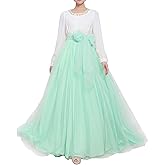 Women Wedding Long Maxi Puffy Tulle Skirt Floor Length A Line with Bowknot Belt High Waisted for Wedding Party Evening