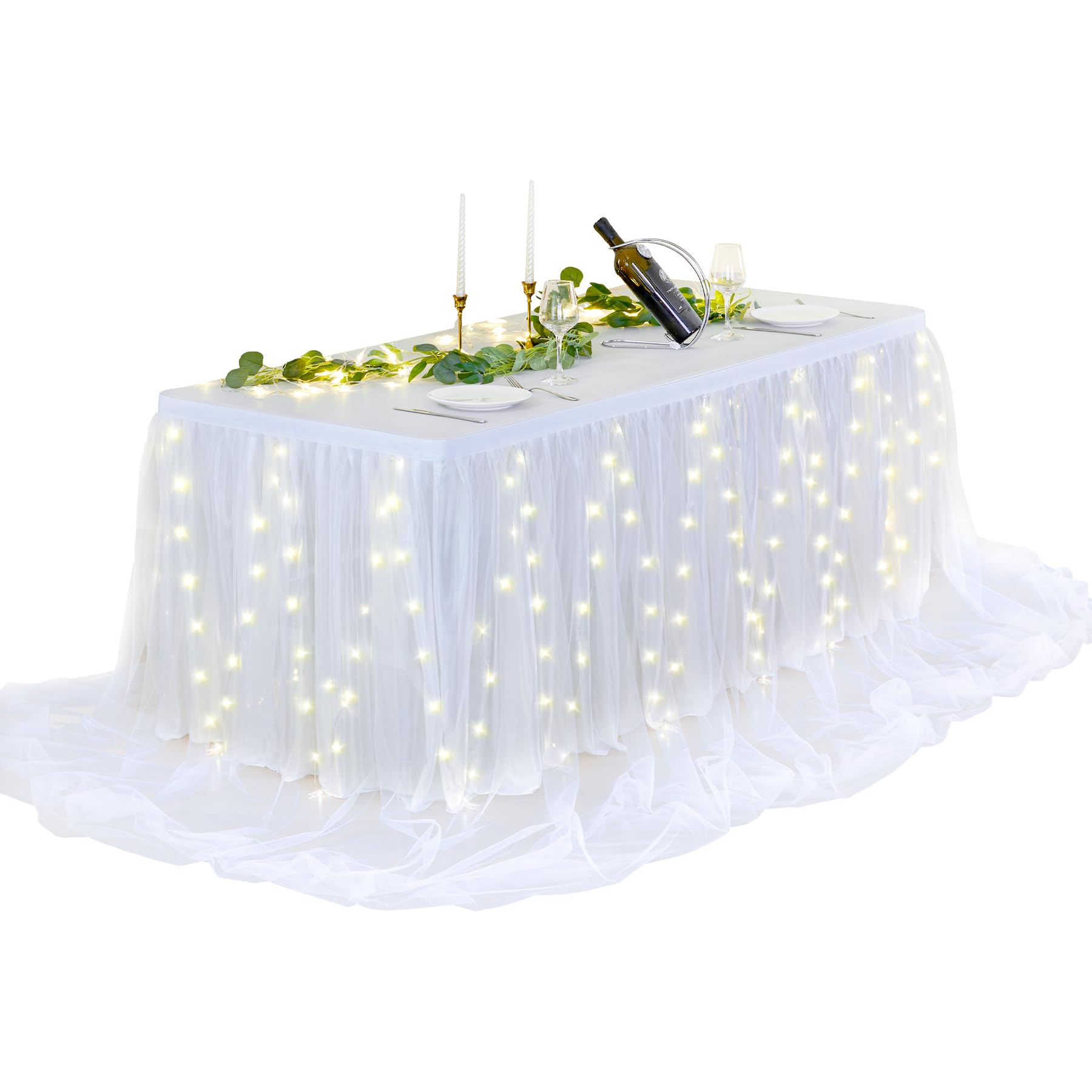 Photo 1 of 14FT White Tulle Table Skirt for Rectangle or Round Tables Ruffle Tulle Tutu Cloth Desk Table Skirt with LED Lights for Birthday Party Baby Shower Gender Reveal Cake Dessert Decorations