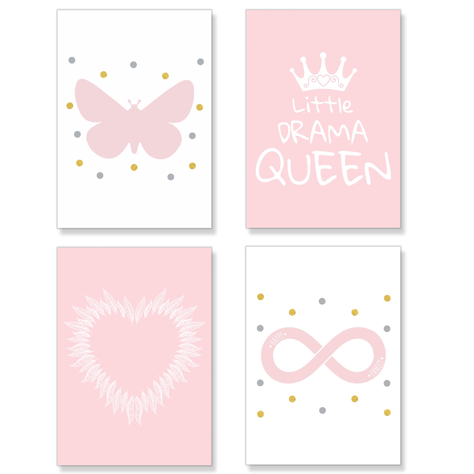PREMYO Wall Art Prints Nursery Decor - Baby Room Decoration Girl - Kids Poster Set Heart Feather Drama Queen Picture A4