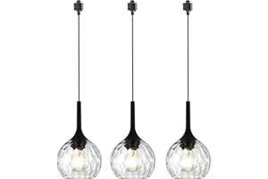 VINLUZ 3 Pack H-Type Matte Black Track Lighting Pendant Industrial Kitchen Island Lighting with Round Ribbed Glass Shades, Hanging Chandelier for Dining Room