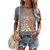 Women's T-Shirt V-Neck Graphic Tees Vintage Boho Flowers Shirt Summer Casual Plant Short Sleeve Tshirt Tops