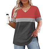 VOGRACE Womens-Plus-Size-Tops Summer Short Sleeve Casual V Neck Tunics Trendy Color Block Fashion T Shirts