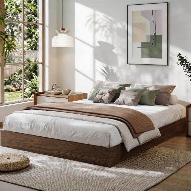 Photo 1 of California King Size Solid Wood Platform Bed with Sturdy Wooden Slats, Floor-Standing Bed Frame, Modern Minimalist Design Bed Frame, No Box Spring Needed, Space Saver, Easy Assembly, Walnut Wood