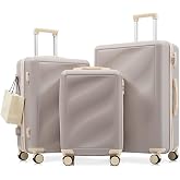 Hardside Luggage Sets, Lightweight Wave Suitcase with Spinner Wheels, Purple Wavy Lines