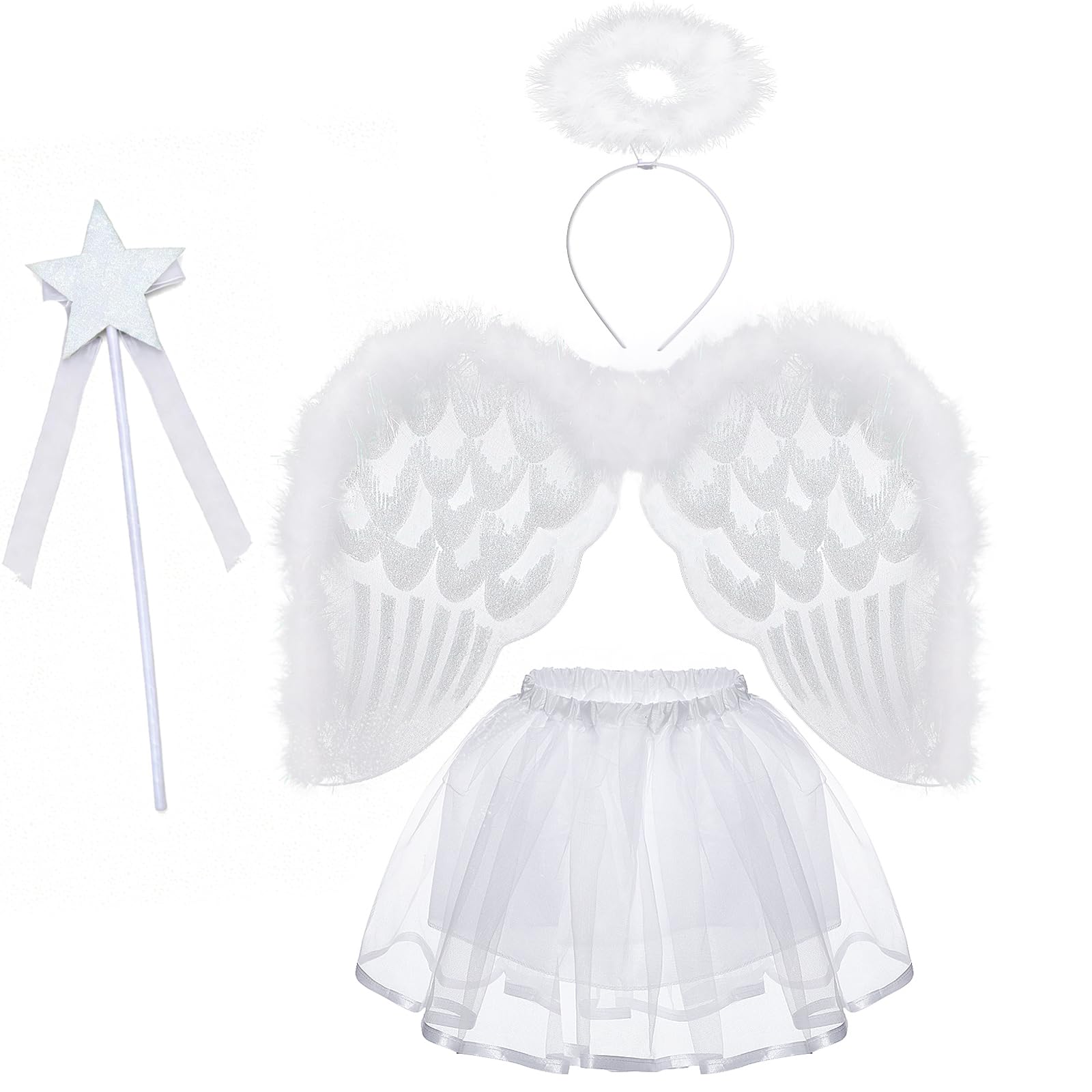 Hifot Angel Costumes Girls,Tutu Skirt White Feathered Angel Wings and Halo Angel Wings Fancy Dress Fairy Costume Kids