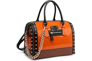 Dasein Women's Barrel Bag Shiny Patent Faux Leather Handbag with Rivet Decoration Top Handle Satchel Shoulder Purse