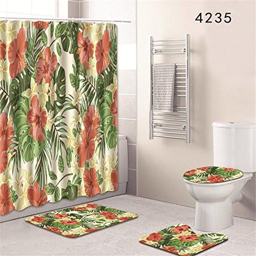 Oyeahbridal Set of 4 Ins Fashion Theme Shower Curtain and Bath Mat Set, Red Flower And Green Tropical Leaves Decor Waterproof Non-slip Bathroom Curtain and Rug Set with Hooks(Multi 23)