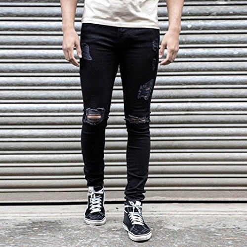 kingfansion Men's Skinny Jeans Stretch Denim Riding Broken Jeans to Destroy Close-Fitting Slim Pants Casual Pants Men's Trousers Regular Thickness (S, Black)