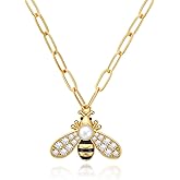 Cicy Bell 18K Gold Plated Necklace for Women Bumble Bee Oval Pearl Cubic Zirconia Pendant Necklaces Trendy Cute Animal Jewelry Gifts 19.69''