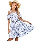 Floerns Girls Summer Boho Floral Dress Puff Short Sleeve Cold Shoulder Ruffle Hem A Line Dress