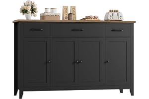 HORSTORS 55" Buffet Cabinet, Modern Farmhouse Sideboard Buffet with Drawers, Large Kitchen Storage Cabinet with Adjustable Shelves, Wood Coffee Bar for Kitchen, Dining Room, Living Room, Black