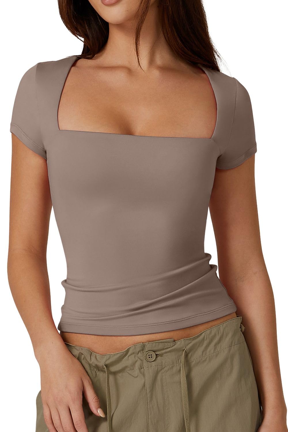 Photo 1 of (small) QINSEN Y2K T Shirt for Women Square Neck Short Sleeve Summer Tops Double Lined Tees,Rose Taupe