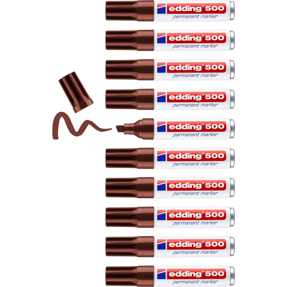 edding 500 permanent marker - brown - 10 pens - chisel tip 2-7 mm - waterproof, quick-drying, smear-proof pens - for cardboard, plastic, wood, metal, glass and fabric