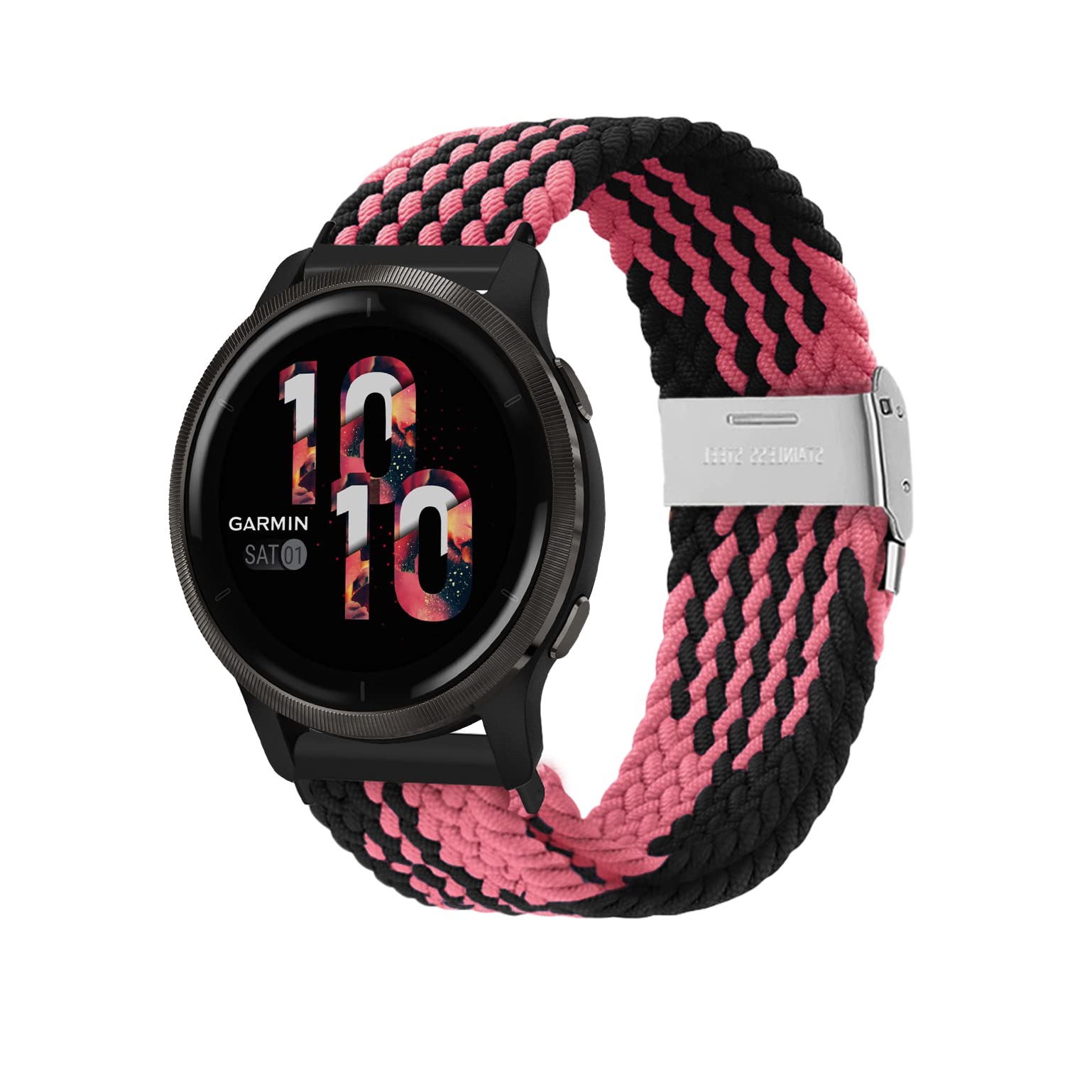 Niboow 22mm Strap for Garmin Venu 3/Venu 2/Vivoactive 4/Forerunner 265/Forerunner 255/Forerunner 255 Music, Elastic Nylon Watch Bands for Huawei Watch GT 4 46mm/Watch 4/Watch 4 Pro - Black/Pink — image 1