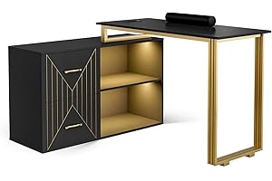 Paddie Manicure Table for Nail Tech with Wrist Cushion, Corner Nail Desk with 2 Drawers and 2 Shelves, Beauty Salon Nail Supplies Decor Station with 16 Colors LED Lights （Black）