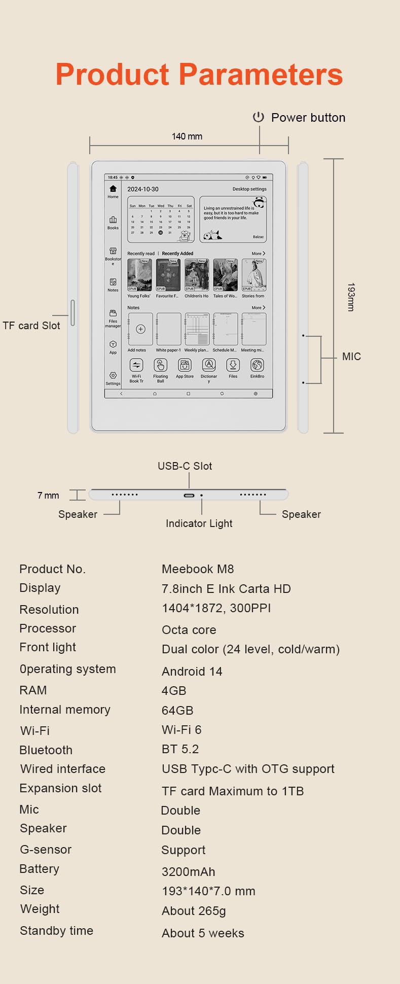 Meebook E-Reader M8 | 7.8' Eink Carta Screen | 300PPI Smart Light | Android 14 | Octa Core Processor | Dual Mics&Speakers | Support Play Store | Hand Writing | 4GB+64GB | Micro-SD Slot | White