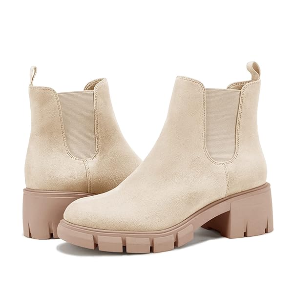 JULIET HOLY WOMENS LUG SOLE PLATFORM ANKLE BOOTIES CHELSEA SLIP ON CHUNKY BLOCK HEEL LEATHER COMBAT BOOTS NUDE 6.5