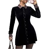 Floerns Women's Elegant Velvet Leopard Print Long Sleeve Button Down A Line Ruffle Short Dress