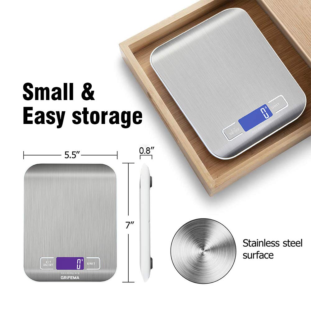GRIFEMA Digital Kitchen Scales (High Precision 1 g - 5000 g), Precision Scales with LCD Display and 2 Batteries, Automatic Storage and Tare Digital Scales with 6 Units, Letter Scales Stainless Steel