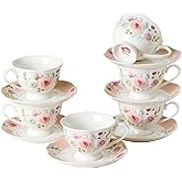 PRECITIME Floral Porcelain Tea Cup Set of 6 (12-Piece), 6 Cups & 6 Saucers with Rose Pattern, 6oz Scalloped Edge Coffee Cups, Dishwasher & Microwave Safe, Elegant Gift