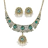 Green CZ Indian Jewelry Set Choker Necklace Flower Gold-Tone Jhumka Earring for Women Cubic Zirconia Beaded Chunky Gold-Tone Chandelier Pendant Necklaces Fashion Party Wedding Bollywood Jewelry Festival Wear