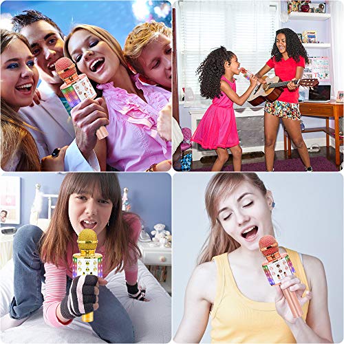 Bluetooth Karaoke Wireless Microphone, Ankuka 4 in 1 Handheld Karaoke Machine Speaker Player with Dancing LED Lights for Home KTV Party/Kids Singing (Rose Gold)