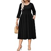 IN'VOLAND Womens Plus Size Summer Dress 3/4 Sleeve Casual Midi Dresses Empire Waist T-Shirt Dress with Pockets Black
