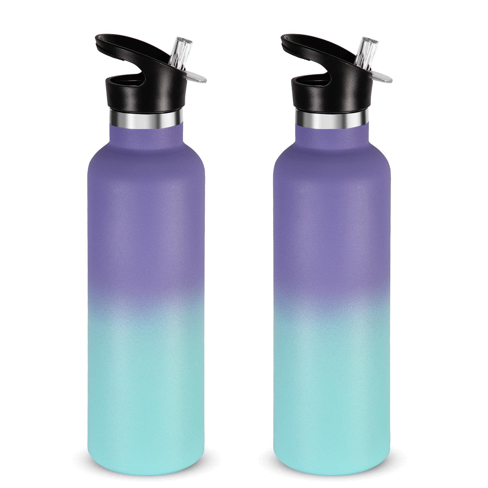 Volhoply 750ml Insulated Water Bottles Bulk 2 Pack,Stainless Steel Double Wall Sport Bottle with Straw Lid,Metal Reusable with Hand Cap for School,Cyclists (Purple-Blue Gradient, 2)