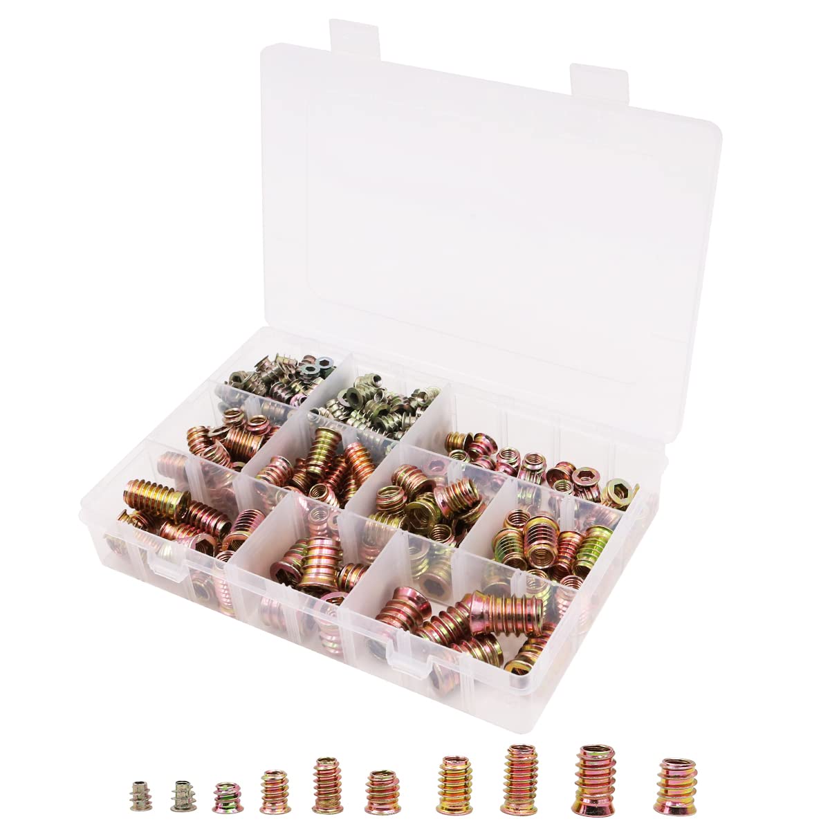 NUZAMAS 240 Pieces Zinc Alloy Screw-In Type Hex Drive Threaded Insert Nuts Assortment, Allen Nuts ​Thread Insert Nuts M4 M4 M5 M6 M8 M10, for Soft Wood Wooden Furniture Pack of 240
