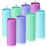 Baderke 8 Pack 16 oz Skinny Tumblers with Lid and Straw Matte Multicolor Reusable Double Wall Plastic Cup Coffee Travel Drinking Mug for Valentine Day Girl Women Home Birthday Gift (Light Green)