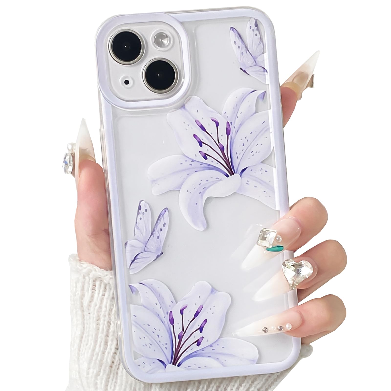 NITITOP Compatible with iPhone 14 Case Cute Durable Lily Flower Floral Butterfly Pattern for Women Girls Color Frame Slim Shockproof Protective Phone Cover - Purple