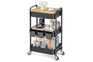 3 Tier Rolling Cart with Wood Table Top, Rolling Cart Table on Lockable Wheels,Rolling Side Table with Storage, Black Utility