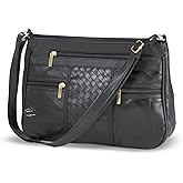 Genuine Leather Shoulder Bag, Stylish Women’s Black Purse with Basketweave Accent, Ladies Handbag with Zip Top and Multiple Pockets, Adjustable Strap
