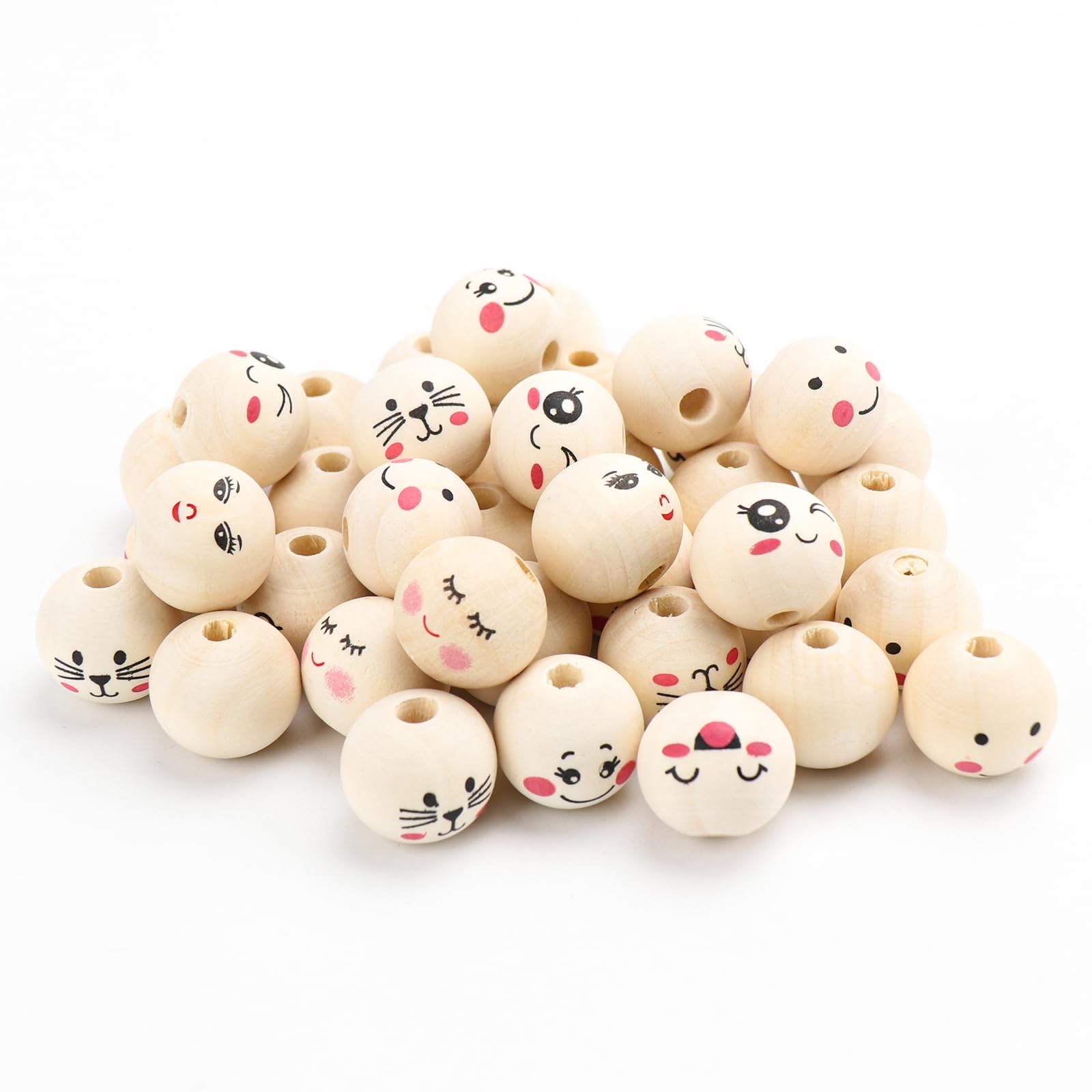 Elektheim 20 mm Natural Wooden Beads with Face, Pack of 70 Round Wooden Balls with Face, Ideal for DIY Crafts and Gifts