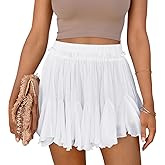 Women's Flowy Shorts Casual Linen Boho Ruffle Mini Skirts Pleated High Waist Cute Butterfly Skorts with Pockets Summer Trendy