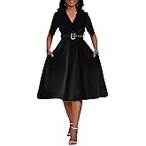 BINXIAD Women's Short Sleeve Midi Dress Elegant Lapel V Neck Office Dress Belted A Line Dress with Pockets